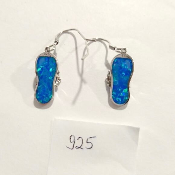925 Sterling Silver Flip Flop Flower Dangle Drop Earrings Blue Opal Inlay Beach - Picture 5 of 7